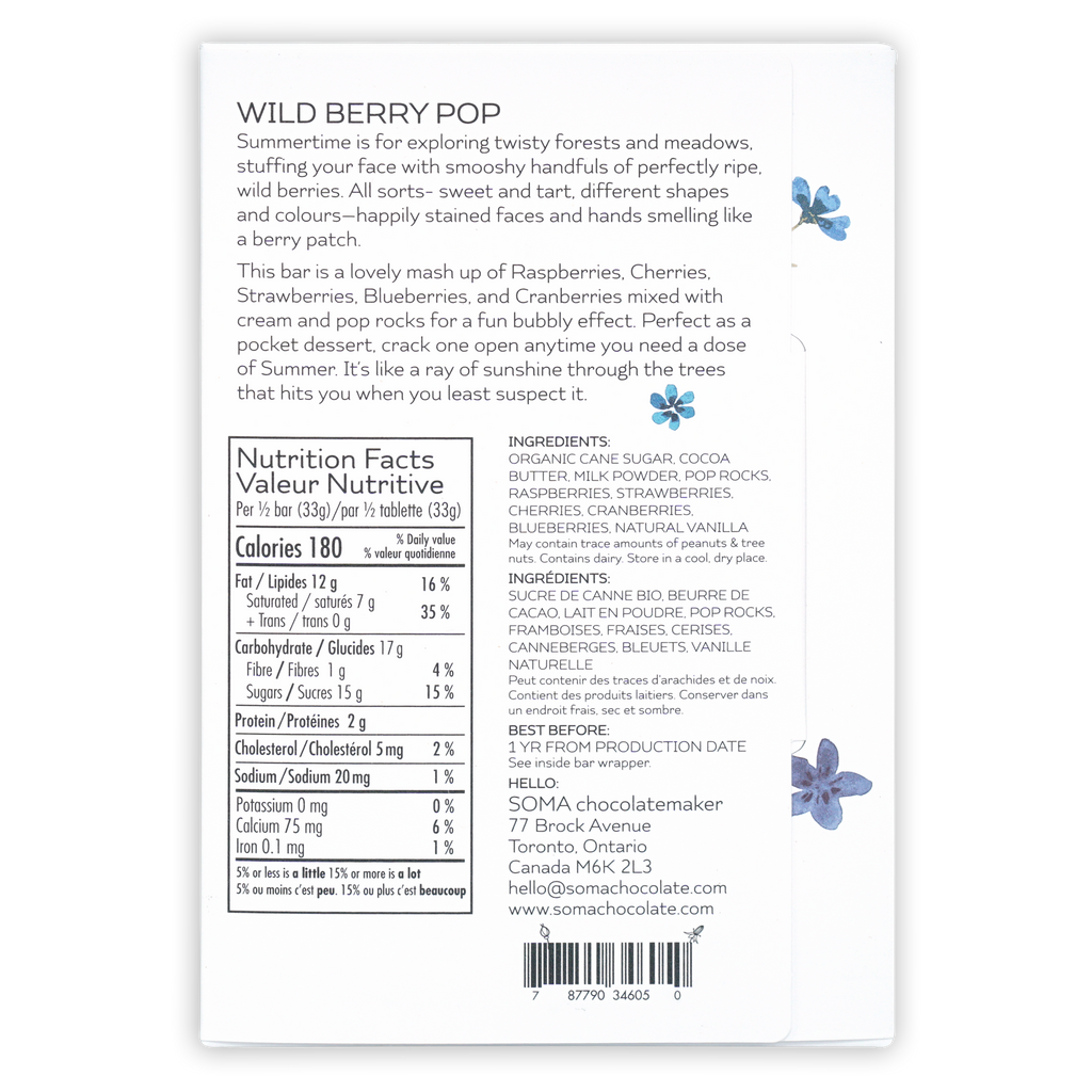 Soma Wild Berry Pop white chocolate bar with blue floral design and berries Pop Rocks