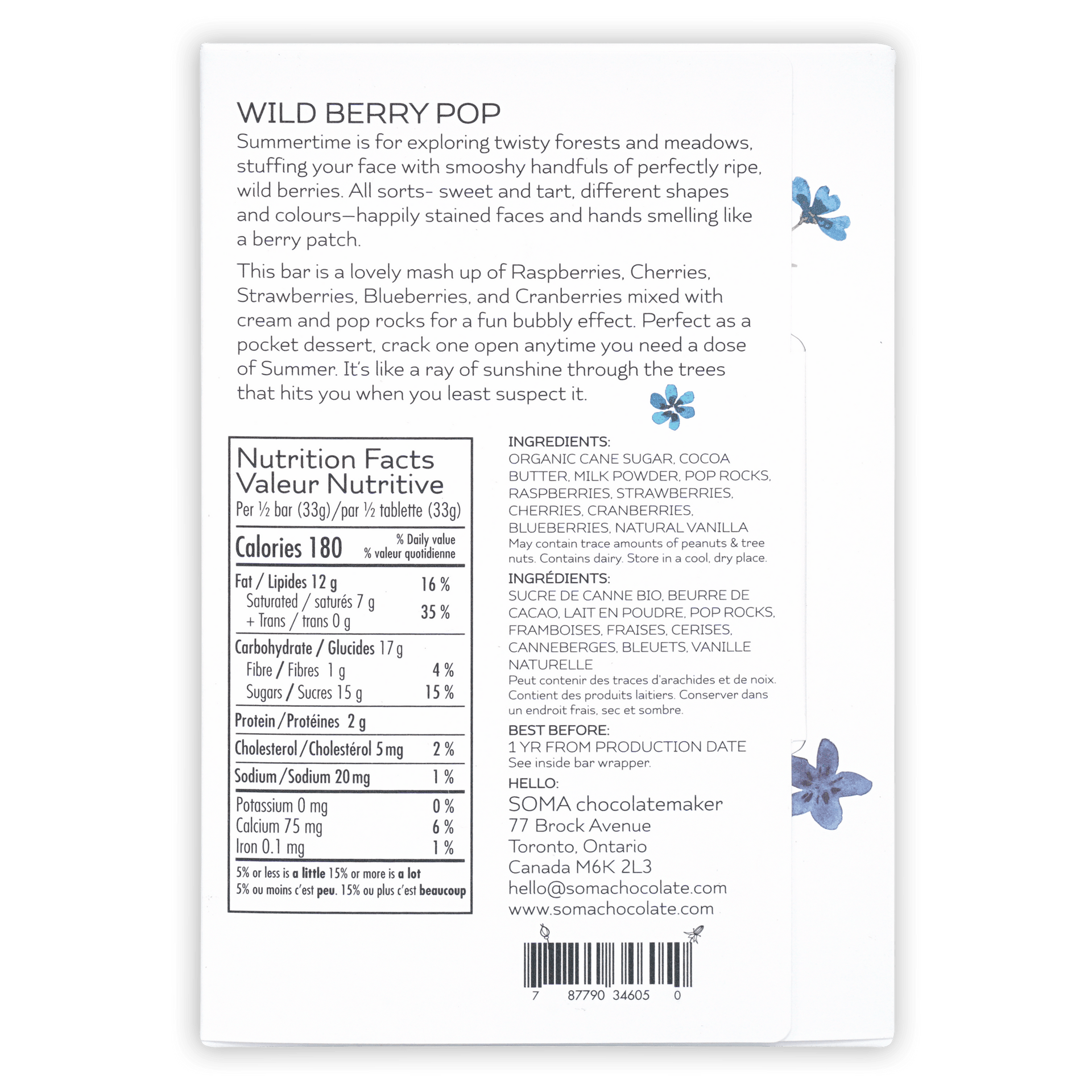 Soma Wild Berry Pop white chocolate bar with blue floral design and berries Pop Rocks