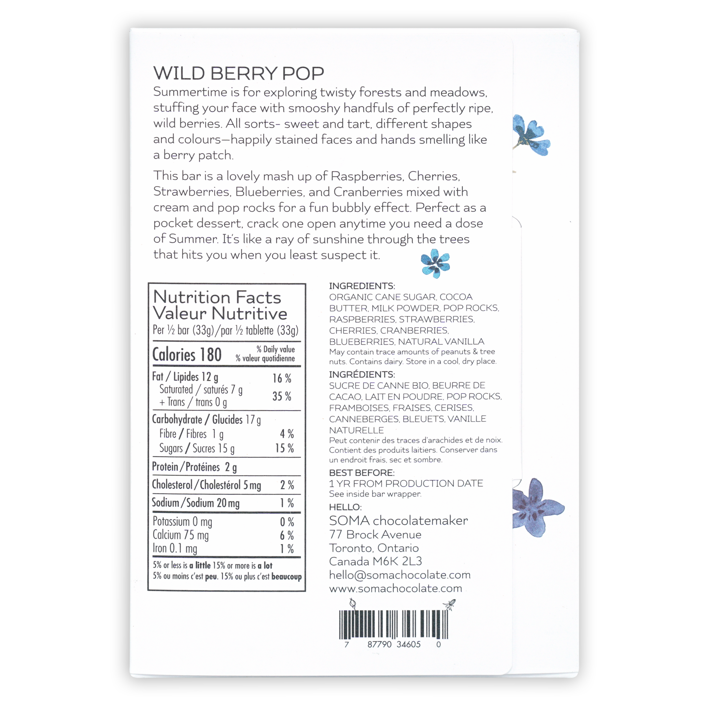 Soma Wild Berry Pop white chocolate bar with blue floral design and berries Pop Rocks