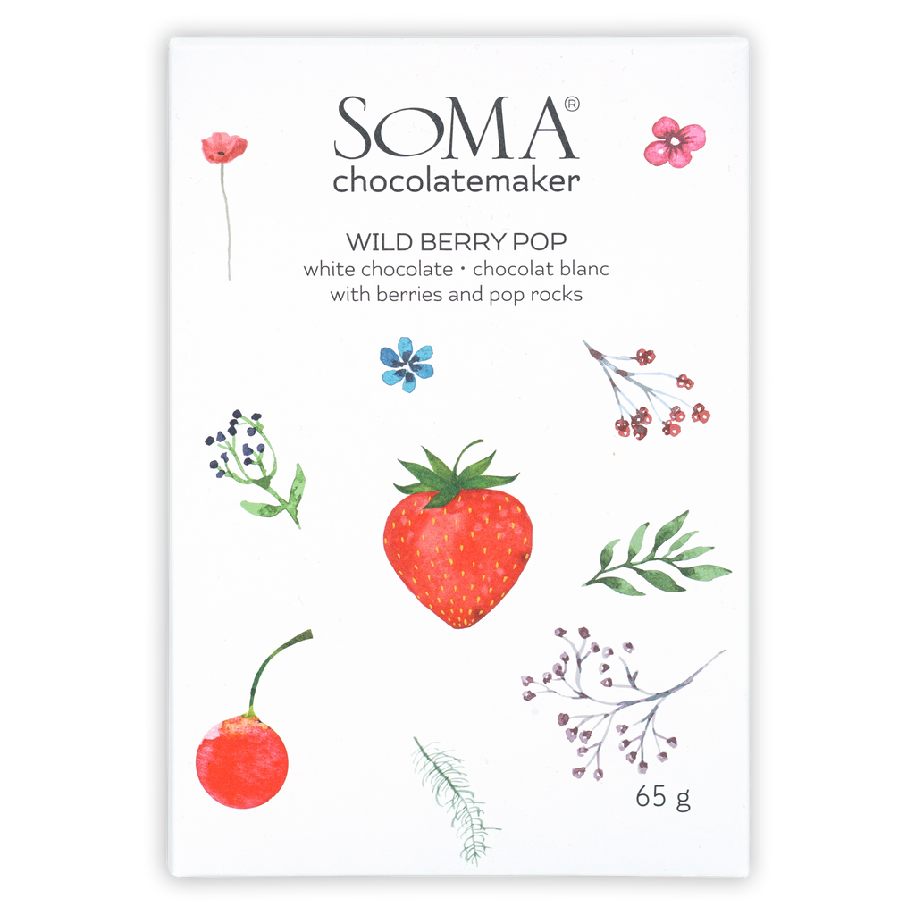 Soma Wild Berry Pop white chocolate bar with berries and Pop Rocks
