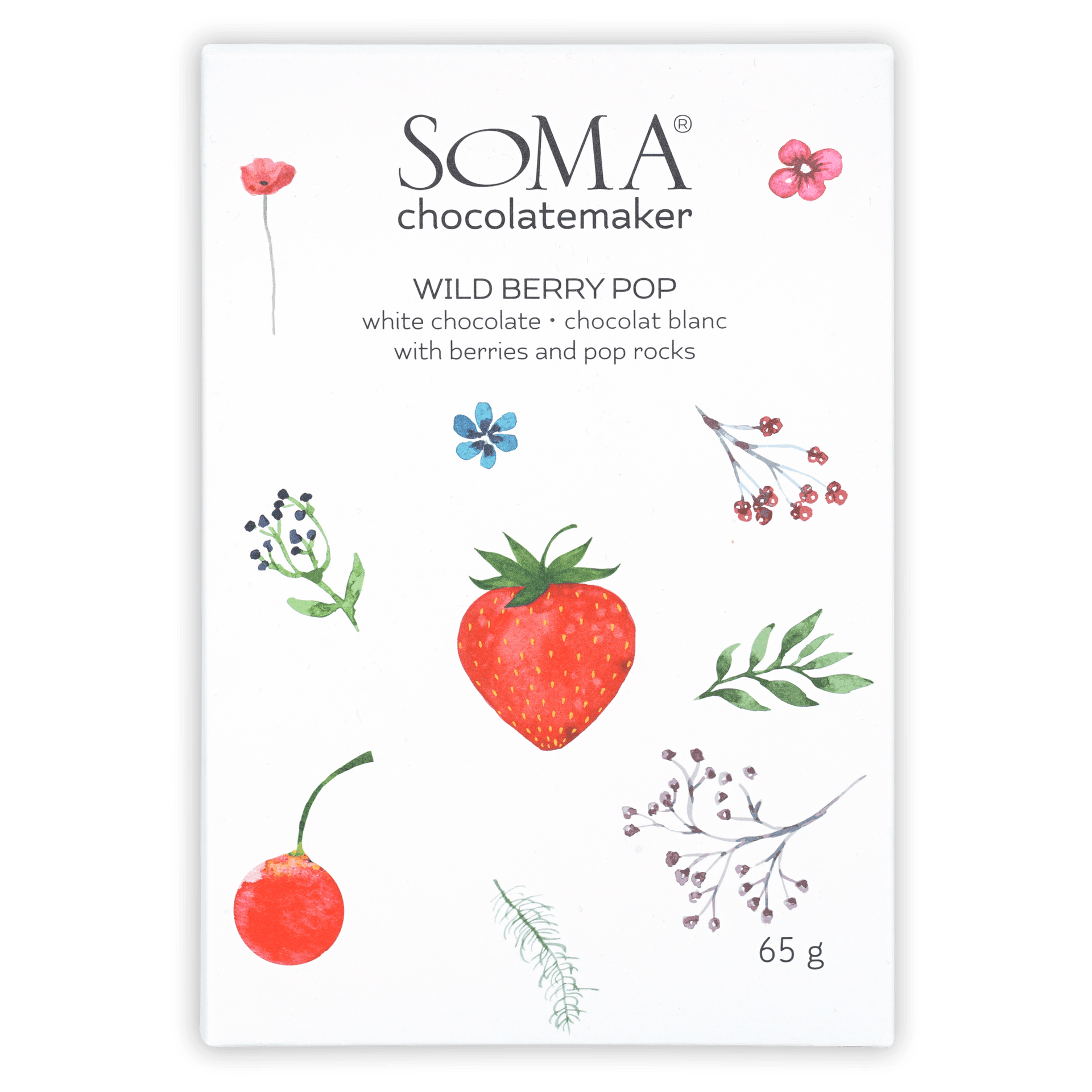 Soma Wild Berry Pop white chocolate bar with berries and Pop Rocks