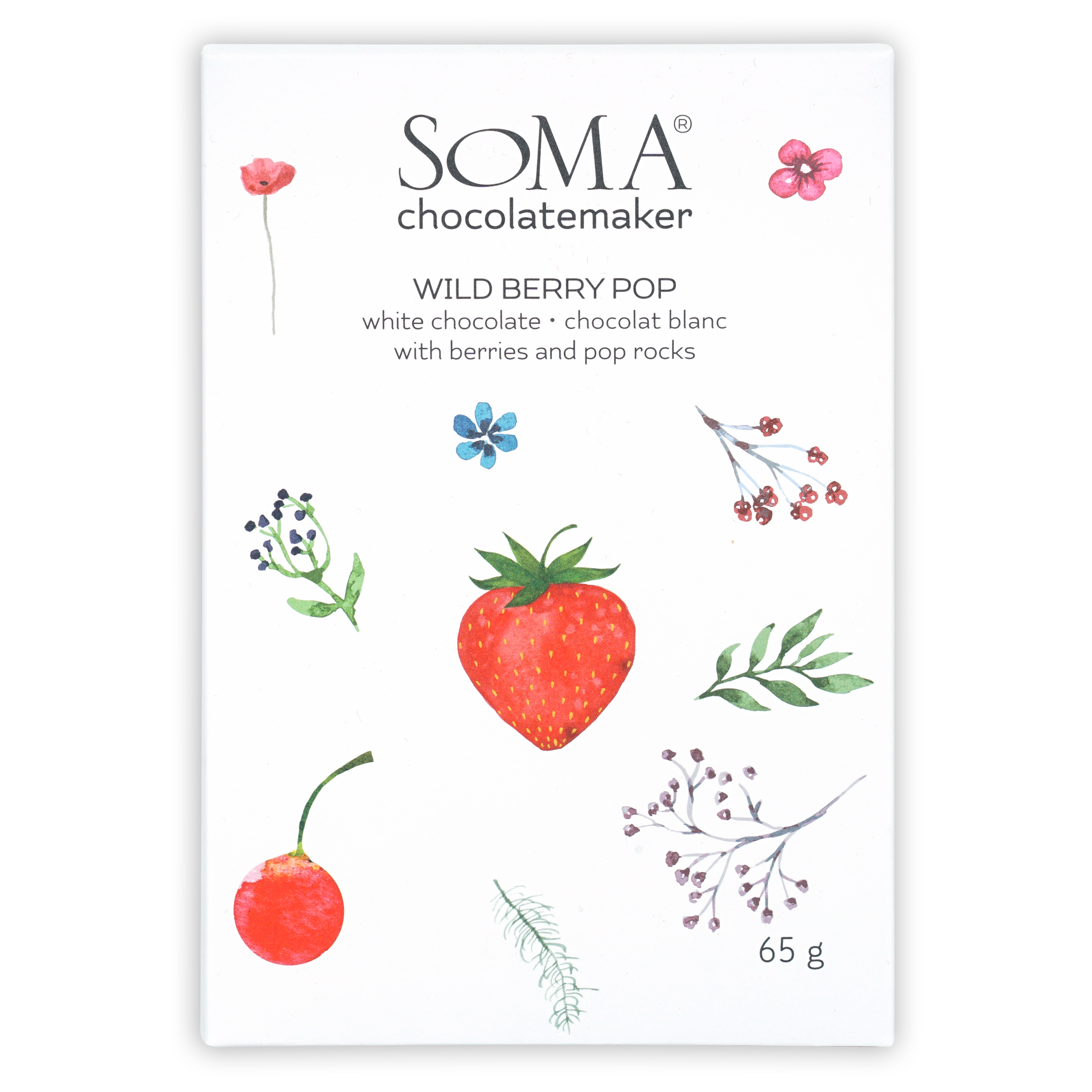 Soma Wild Berry Pop white chocolate bar with berries and Pop Rocks