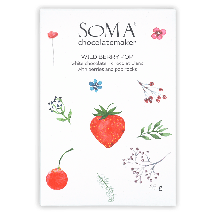Soma Wild Berry Pop white chocolate bar with berries and Pop Rocks