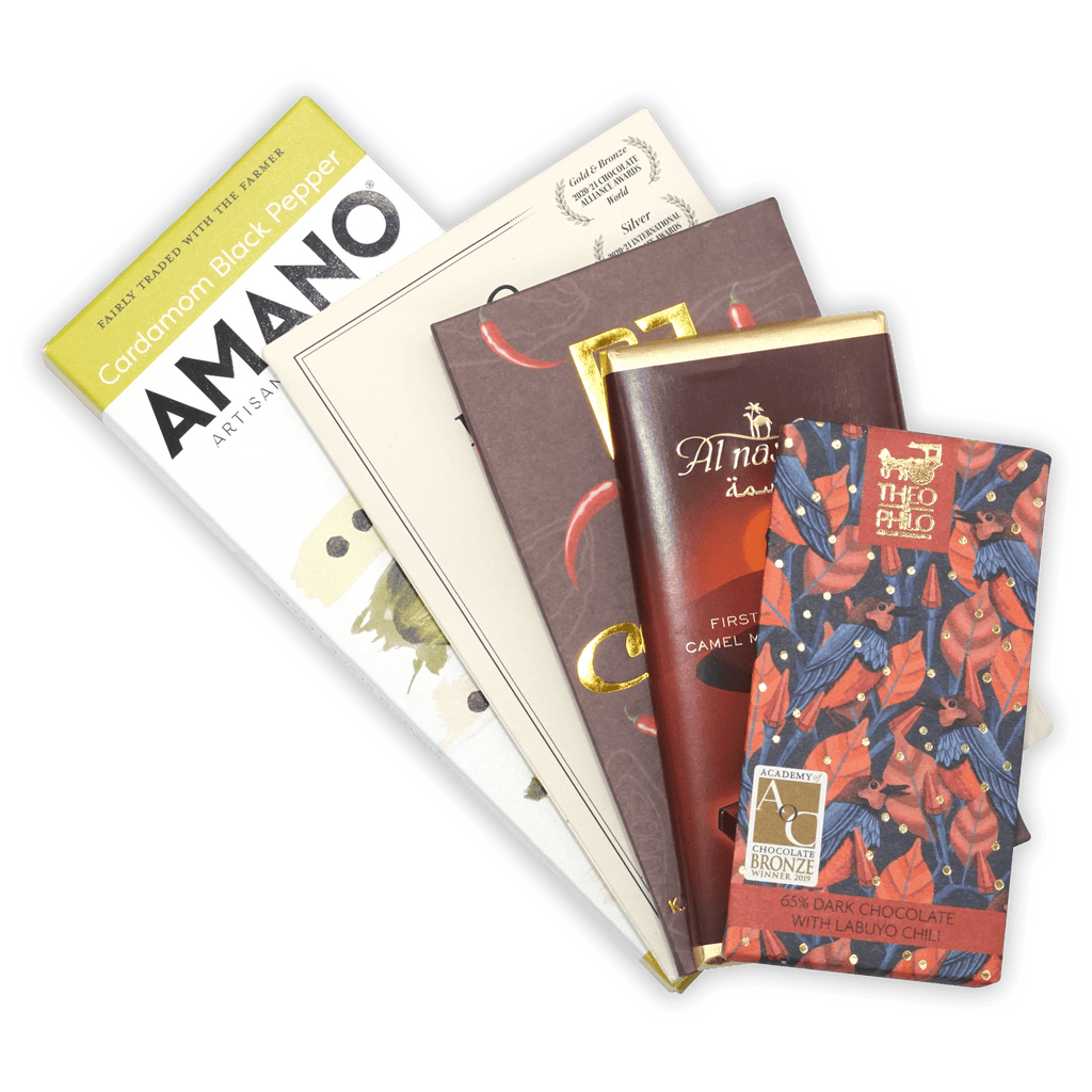 Theo Chocolate spicy bar bundle: red blue bird pattern with gold foil