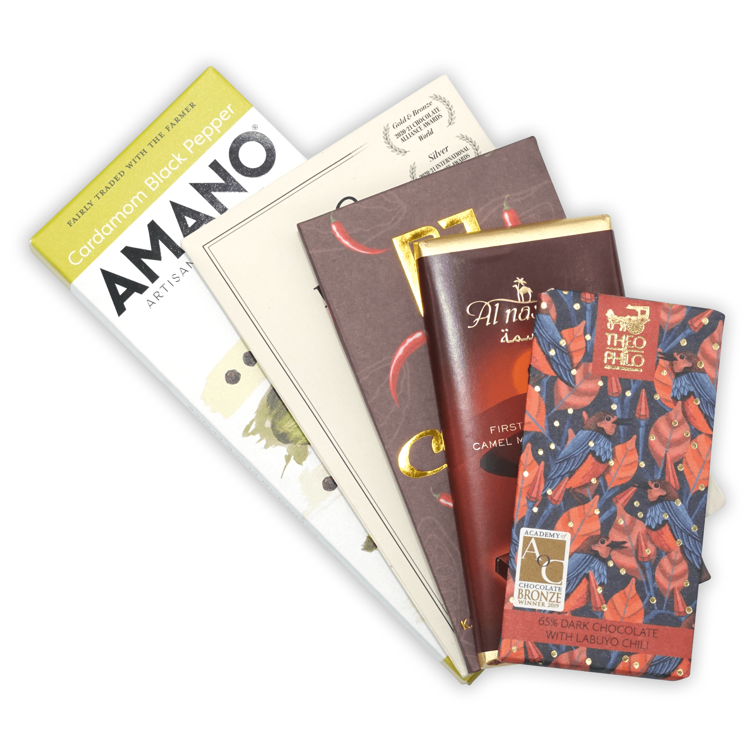 Theo Chocolate spicy bar bundle: red blue bird pattern with gold foil