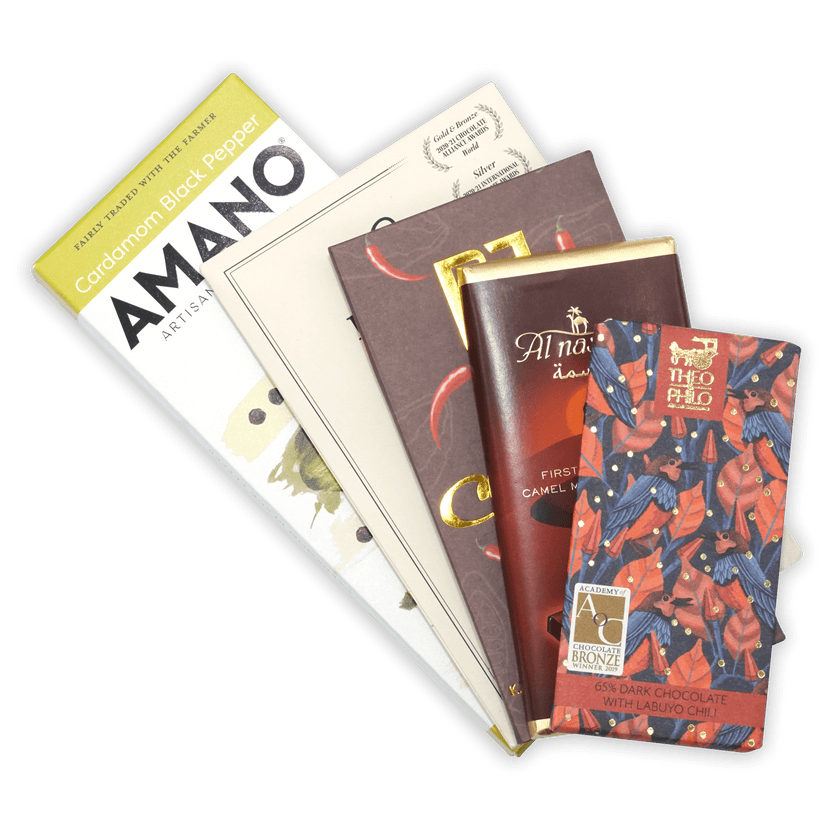 Theo Chocolate spicy bar bundle: red blue bird pattern with gold foil