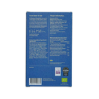 Back of standout chocolate belize maya mountain 100 percent blue rectangular box with white text and certification logos