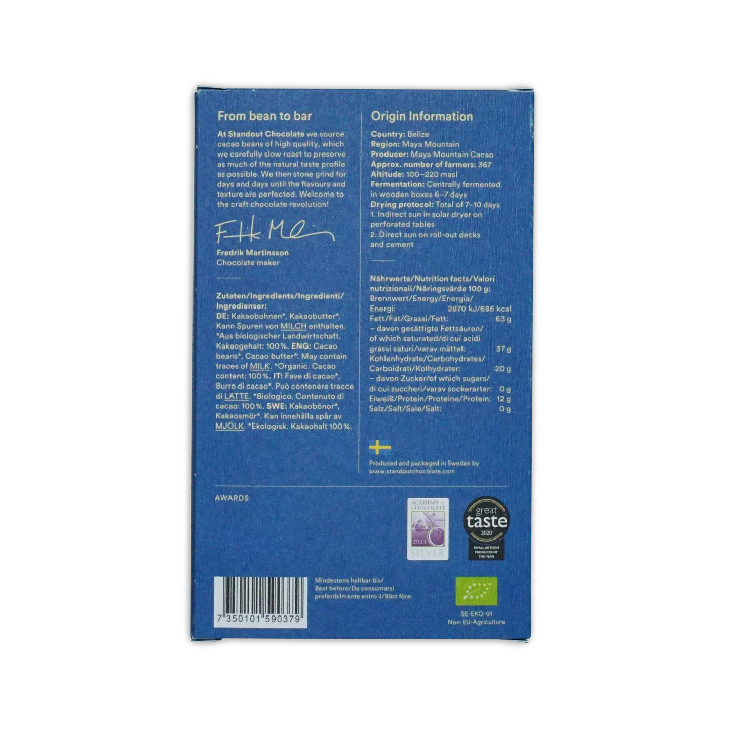 Back of standout chocolate belize maya mountain 100 percent blue rectangular box with white text and certification logos