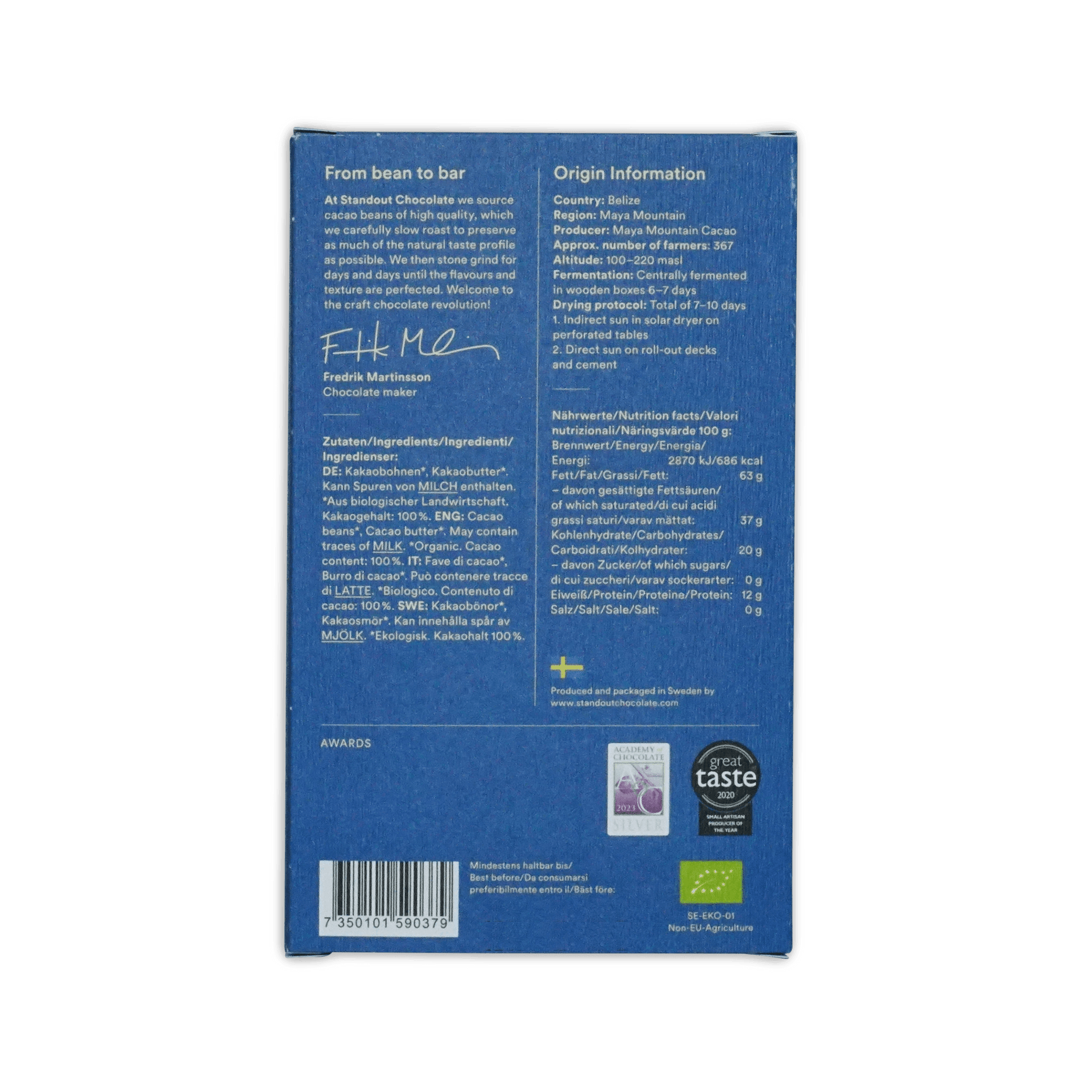 Back of standout chocolate belize maya mountain 100 percent blue rectangular box with white text and certification logos