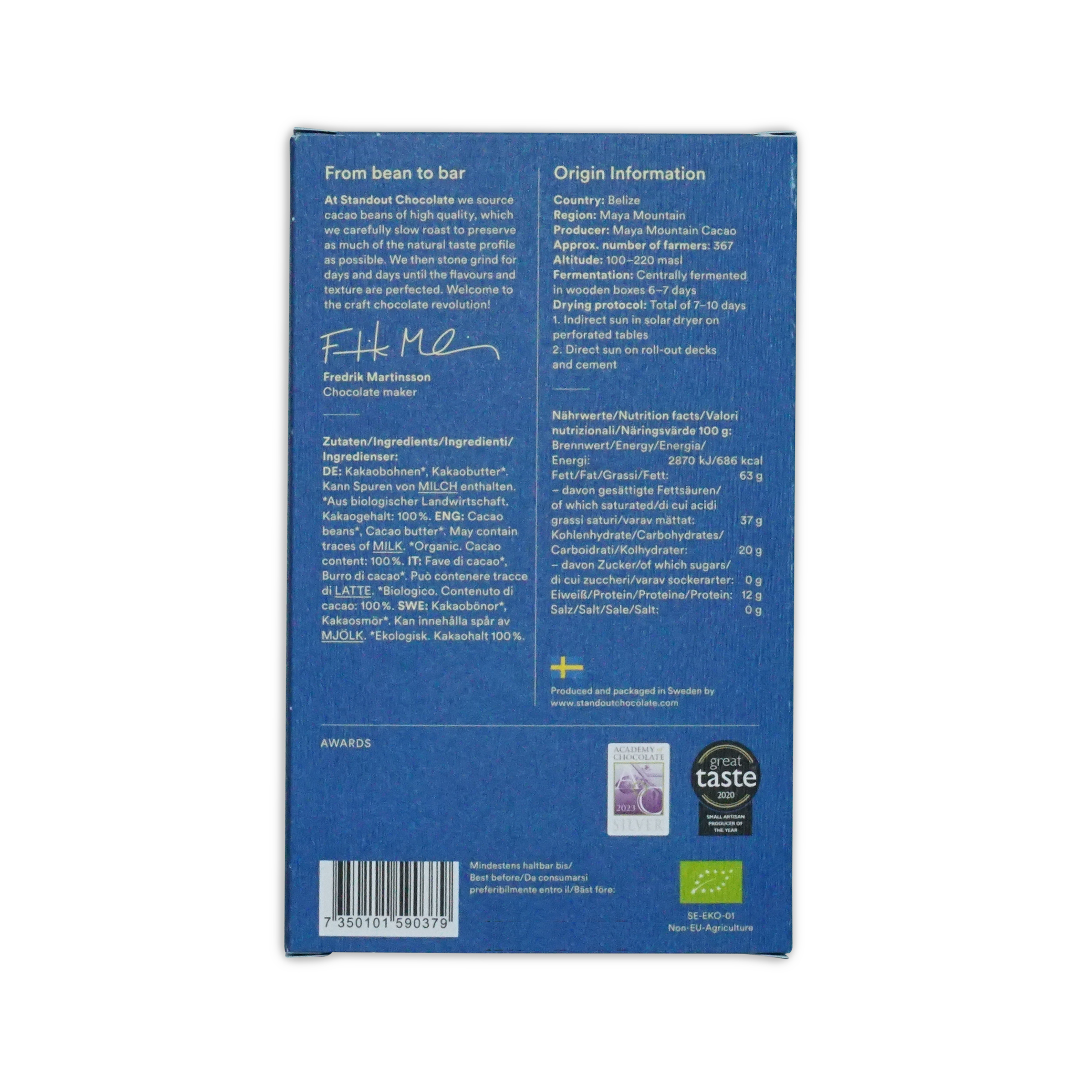 Back of standout chocolate belize maya mountain 100 percent blue rectangular box with white text and certification logos
