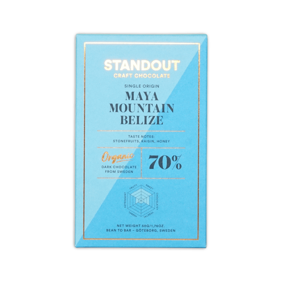 Standout Craft Chocolate bar, light blue box, Single Origin Maya Mountain Belize 70%, flavor radar chart, from Sweden