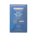 A sleek blue rectangular bar wrapper for Standout Chocolate Belize Maya Mountain 100% dark craft chocolate with gold foil lettering and a hexagonal flavor diagram