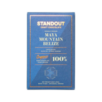 A sleek blue rectangular bar wrapper for Standout Chocolate Belize Maya Mountain 100% dark craft chocolate with gold foil lettering and a hexagonal flavor diagram