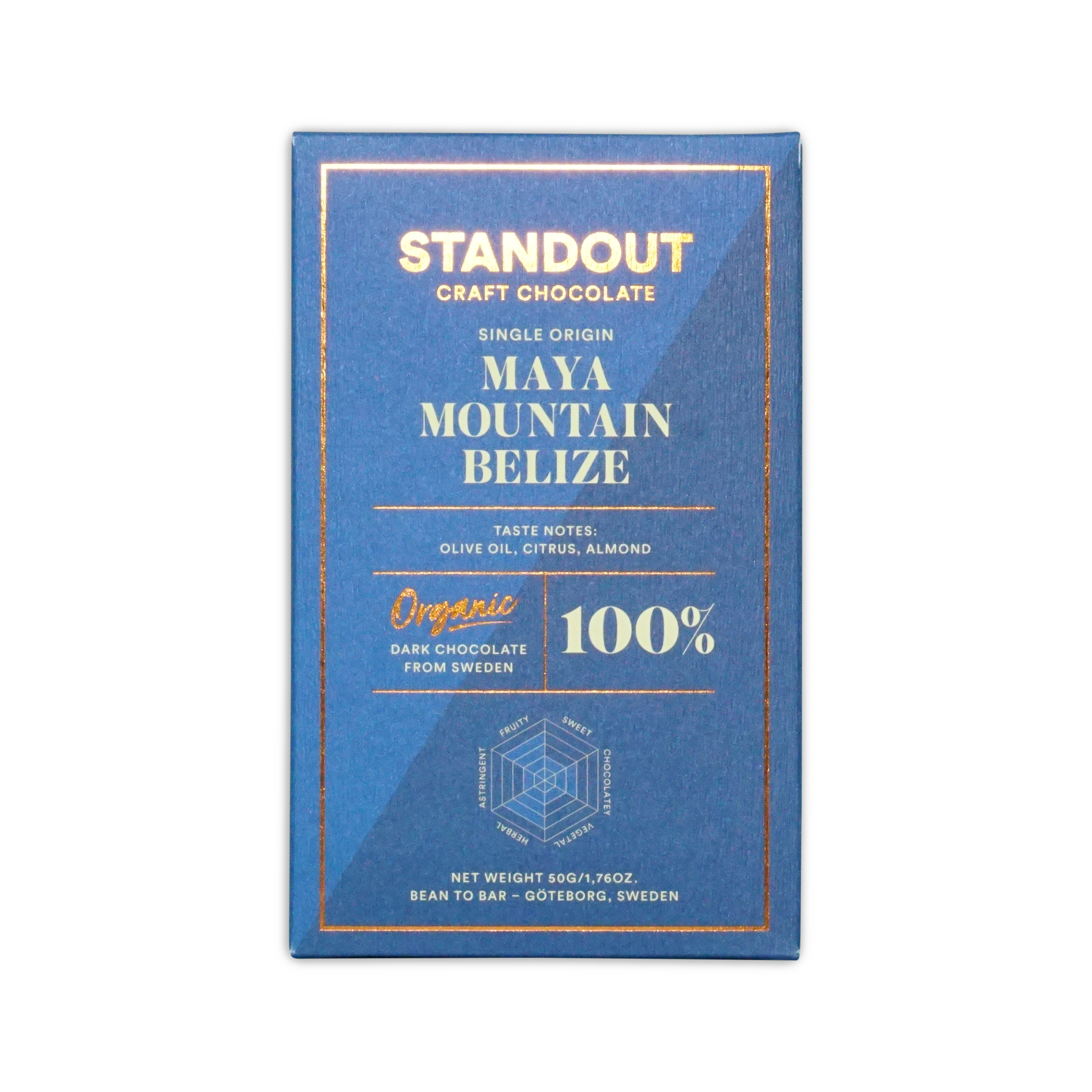 A sleek blue rectangular bar wrapper for Standout Chocolate Belize Maya Mountain 100% dark craft chocolate with gold foil lettering and a hexagonal flavor diagram