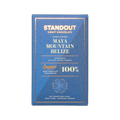 A sleek blue rectangular bar wrapper for Standout Chocolate Belize Maya Mountain 100% dark craft chocolate with gold foil lettering and a hexagonal flavor diagram