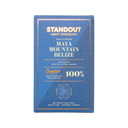 A sleek blue rectangular bar wrapper for Standout Chocolate Belize Maya Mountain 100% dark craft chocolate with gold foil lettering and a hexagonal flavor diagram