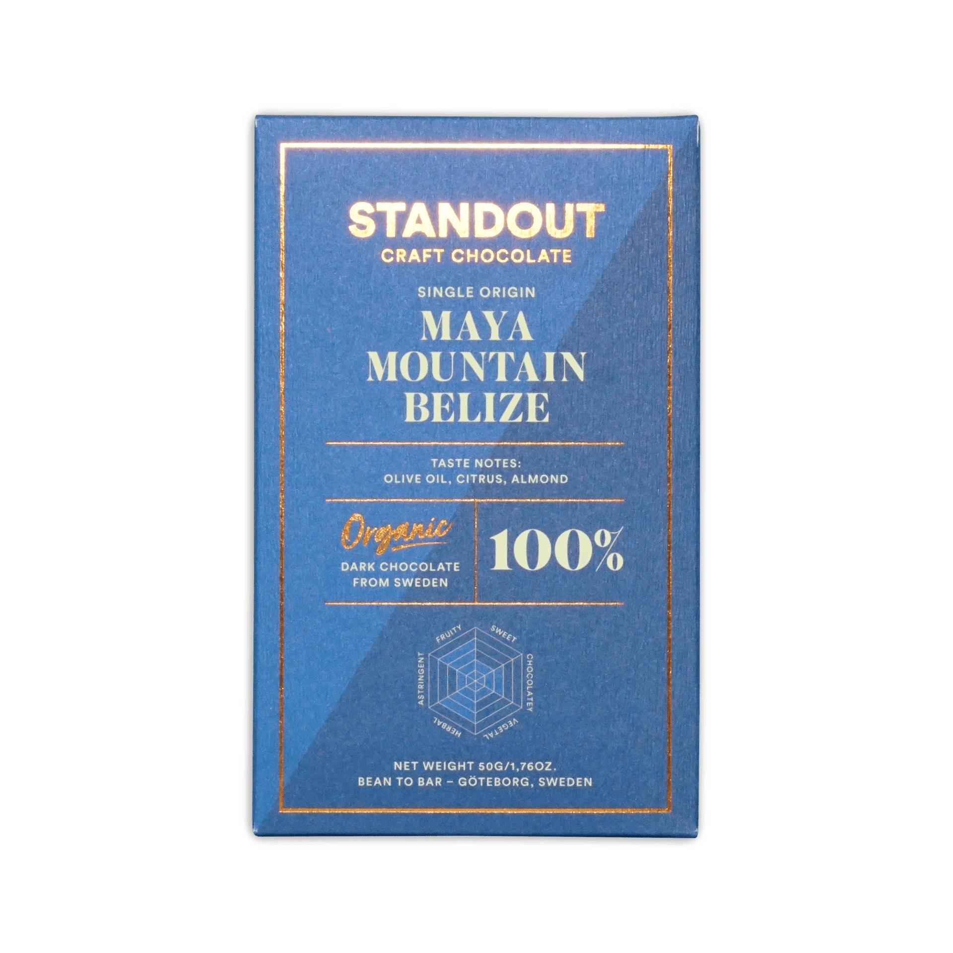 A sleek blue rectangular bar wrapper for Standout Chocolate Belize Maya Mountain 100% dark craft chocolate with gold foil lettering and a hexagonal flavor diagram