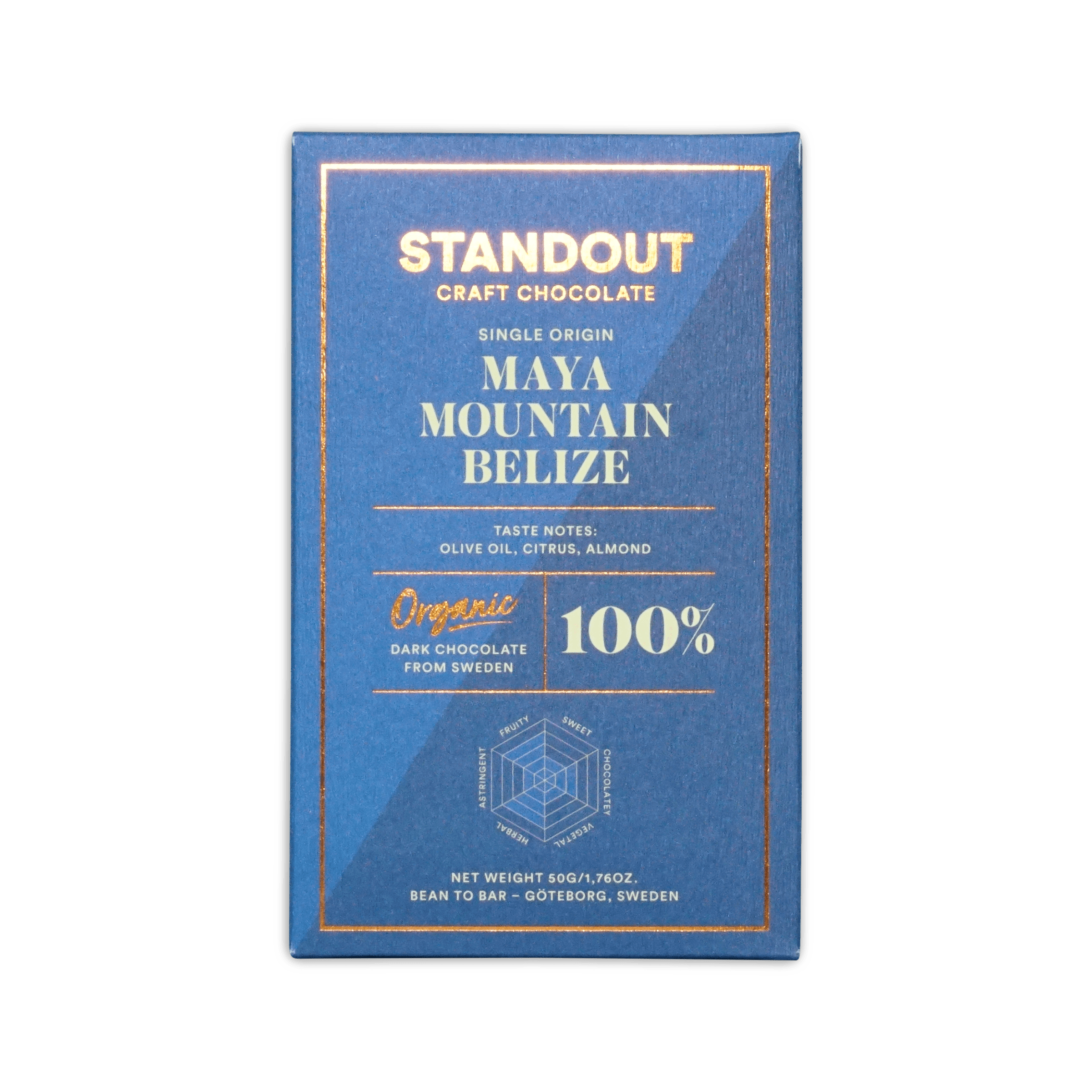 A sleek blue rectangular bar wrapper for Standout Chocolate Belize Maya Mountain 100% dark craft chocolate with gold foil lettering and a hexagonal flavor diagram
