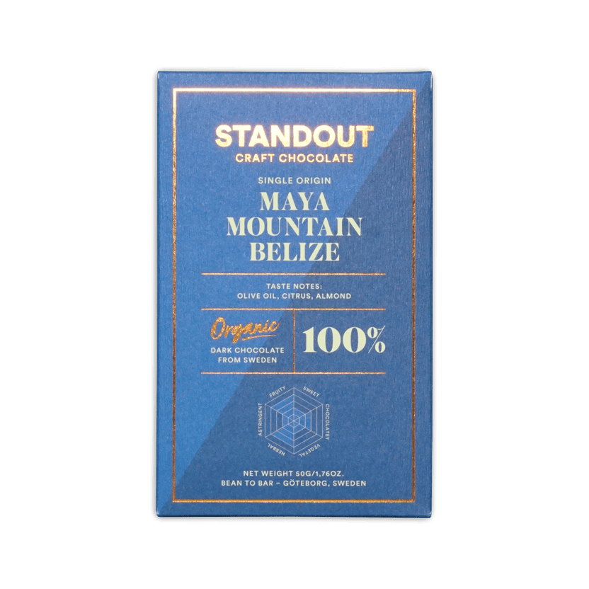 A sleek blue rectangular bar wrapper for Standout Chocolate Belize Maya Mountain 100% dark craft chocolate with gold foil lettering and a hexagonal flavor diagram