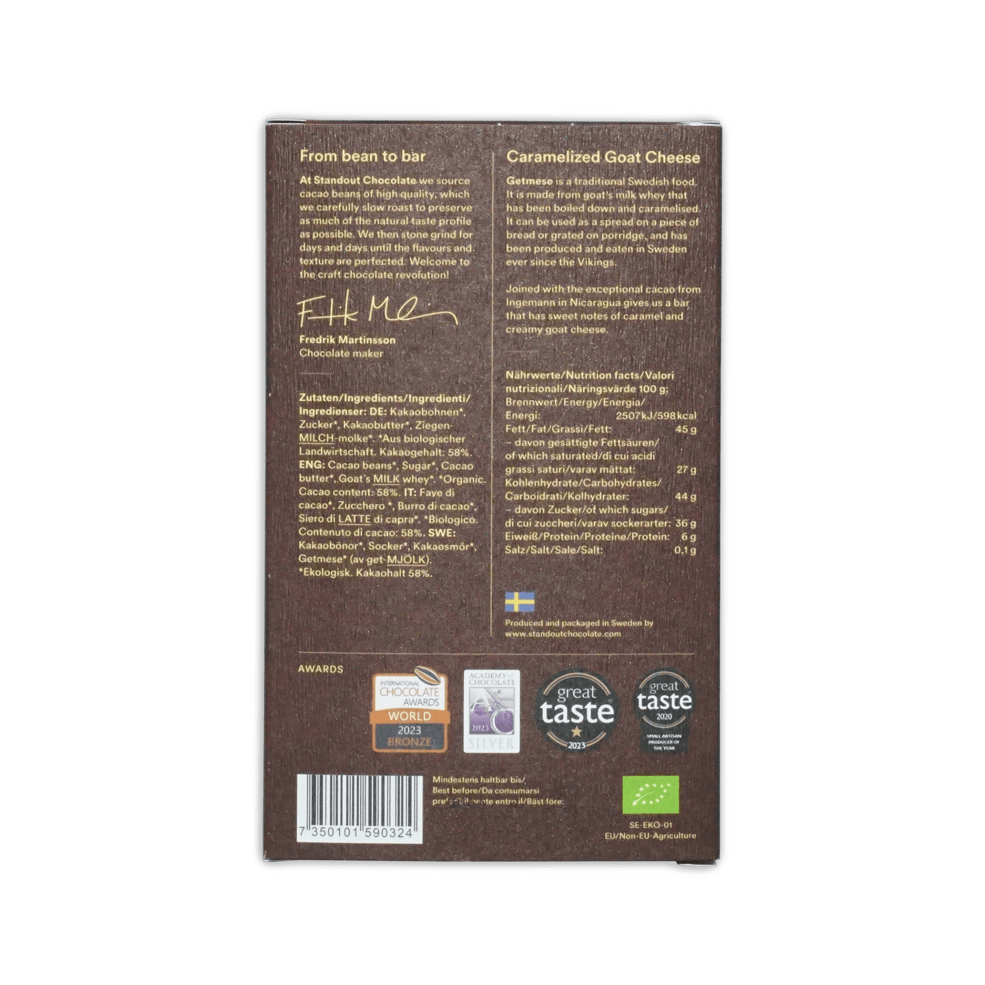 Back of Standout Caramelized Goat Cheese 58% brown box with maker text, ingredients, nutrition facts, and awards.