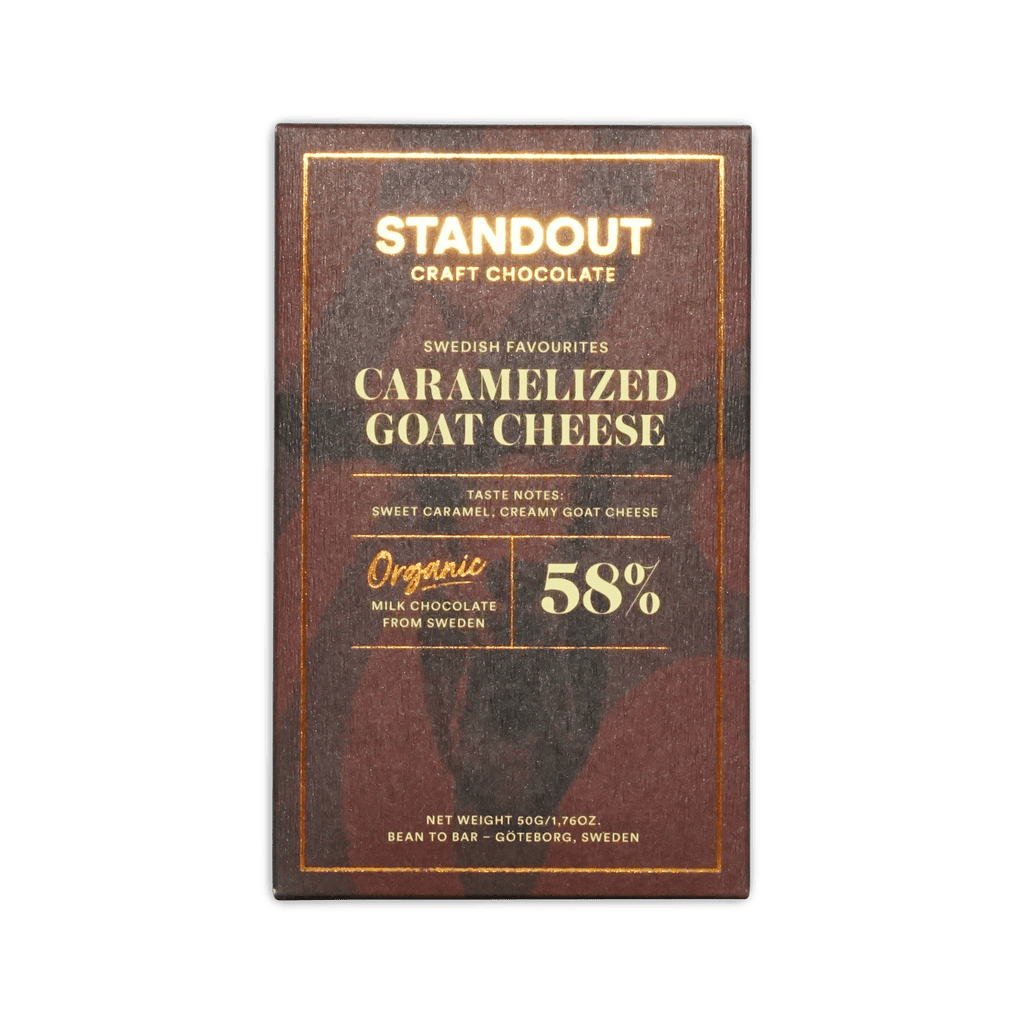 Standout Craft Chocolate Caramelized Goat Cheese 58% bar, dark brown box with gold text and border, 50g.