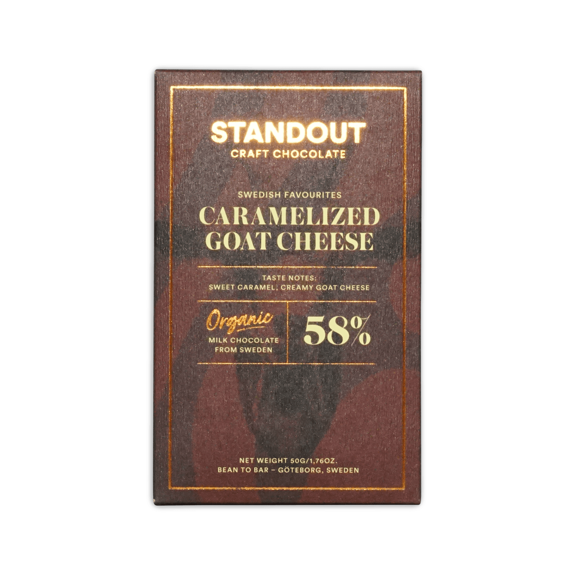 Standout Craft Chocolate Caramelized Goat Cheese 58% bar, dark brown box with gold text and border, 50g.