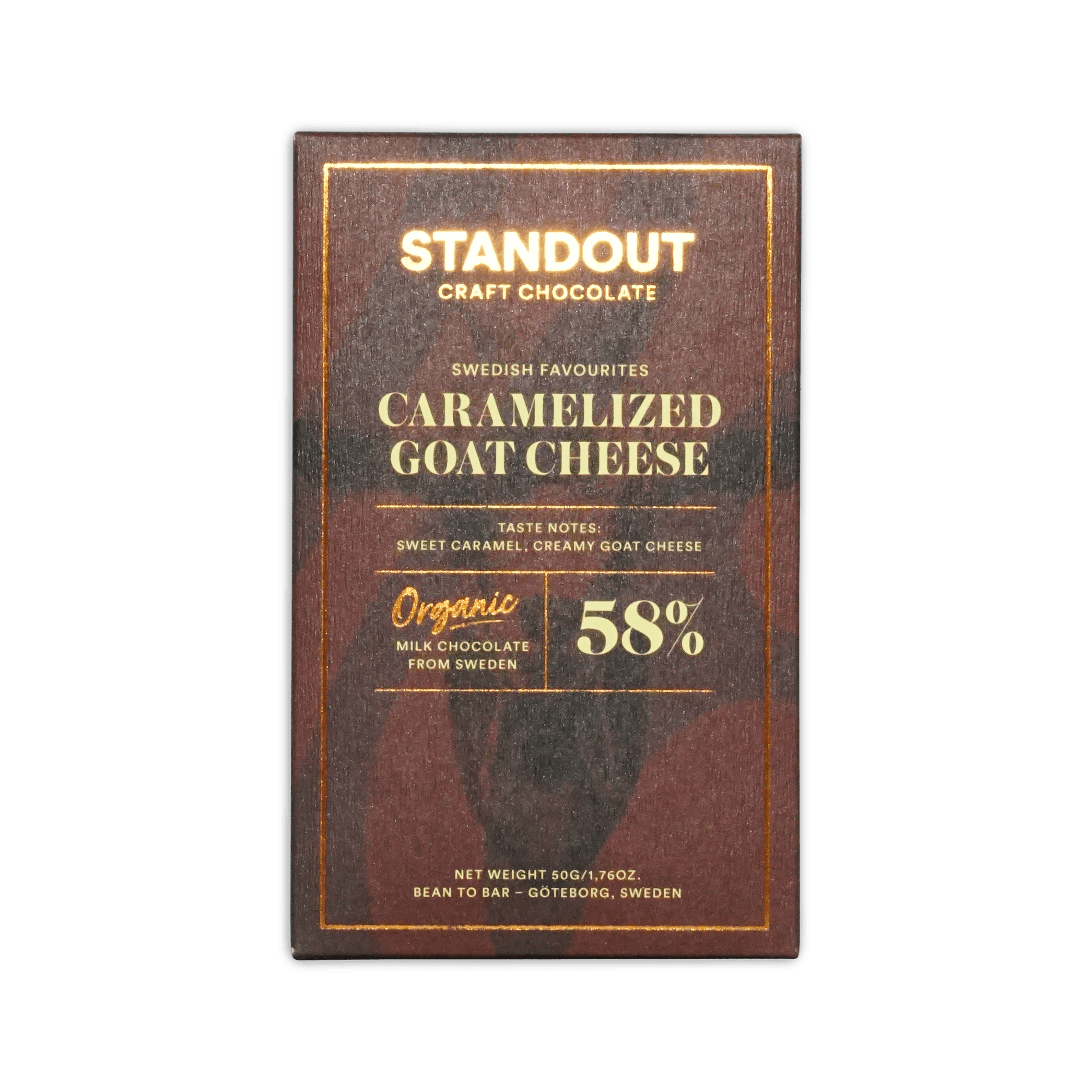 Standout Craft Chocolate Caramelized Goat Cheese 58% bar, dark brown box with gold text and border, 50g.