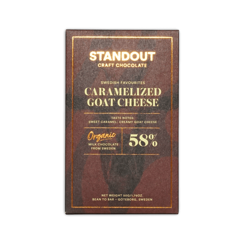 Standout Craft Chocolate Caramelized Goat Cheese 58% bar, dark brown box with gold text and border, 50g.