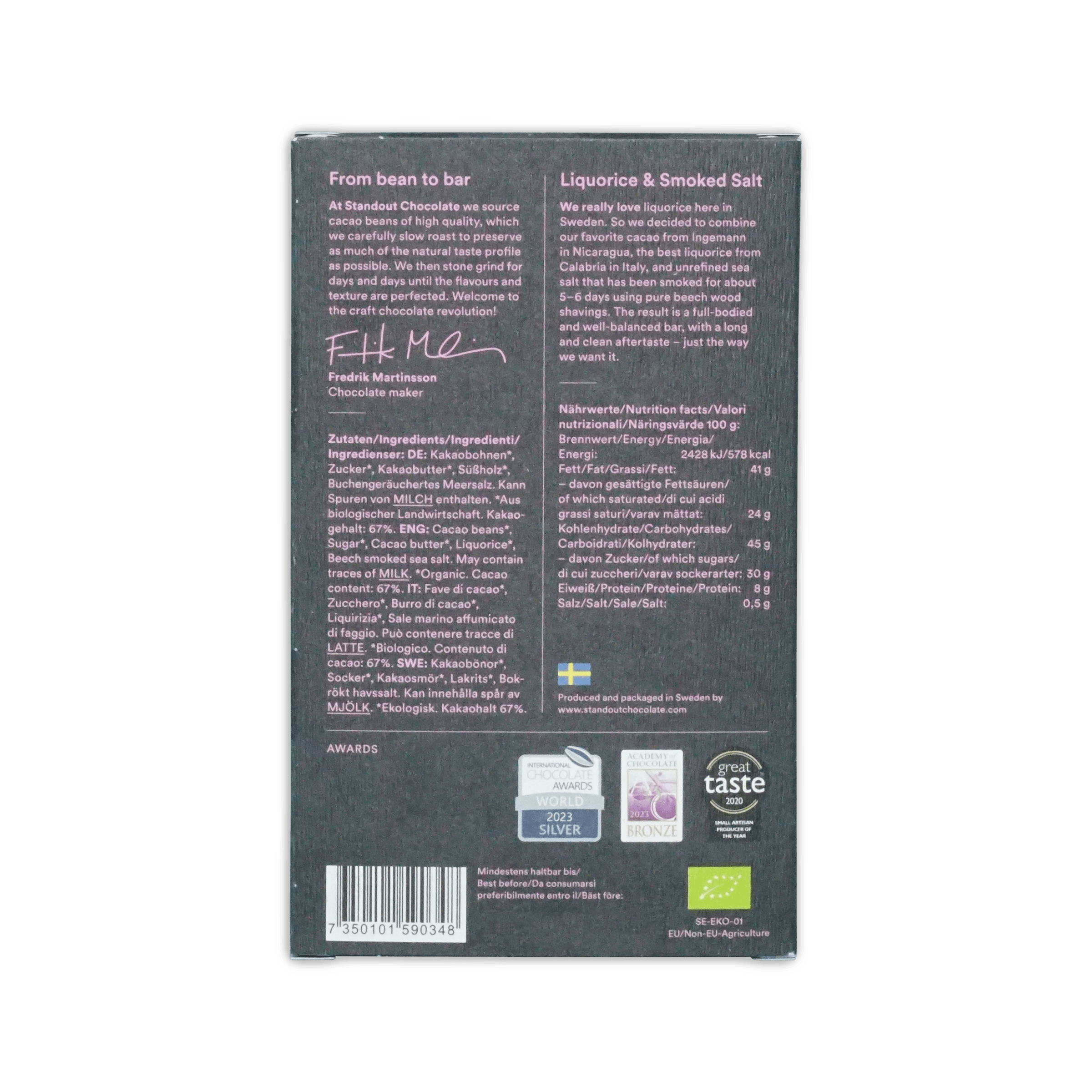 Dark gray standout chocolate bar packaging with white text and swedish flag featuring liquorice and smoked salt flavor
