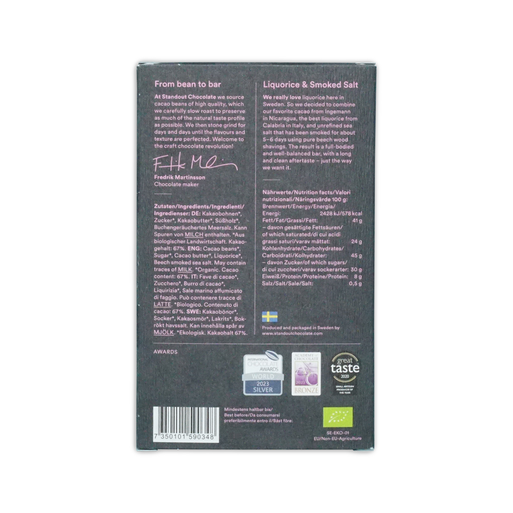 Dark gray standout chocolate bar packaging with white text and swedish flag featuring liquorice and smoked salt flavor