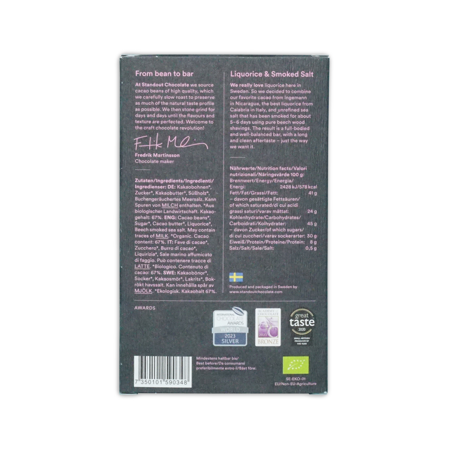 Dark gray standout chocolate bar packaging with white text and swedish flag featuring liquorice and smoked salt flavor