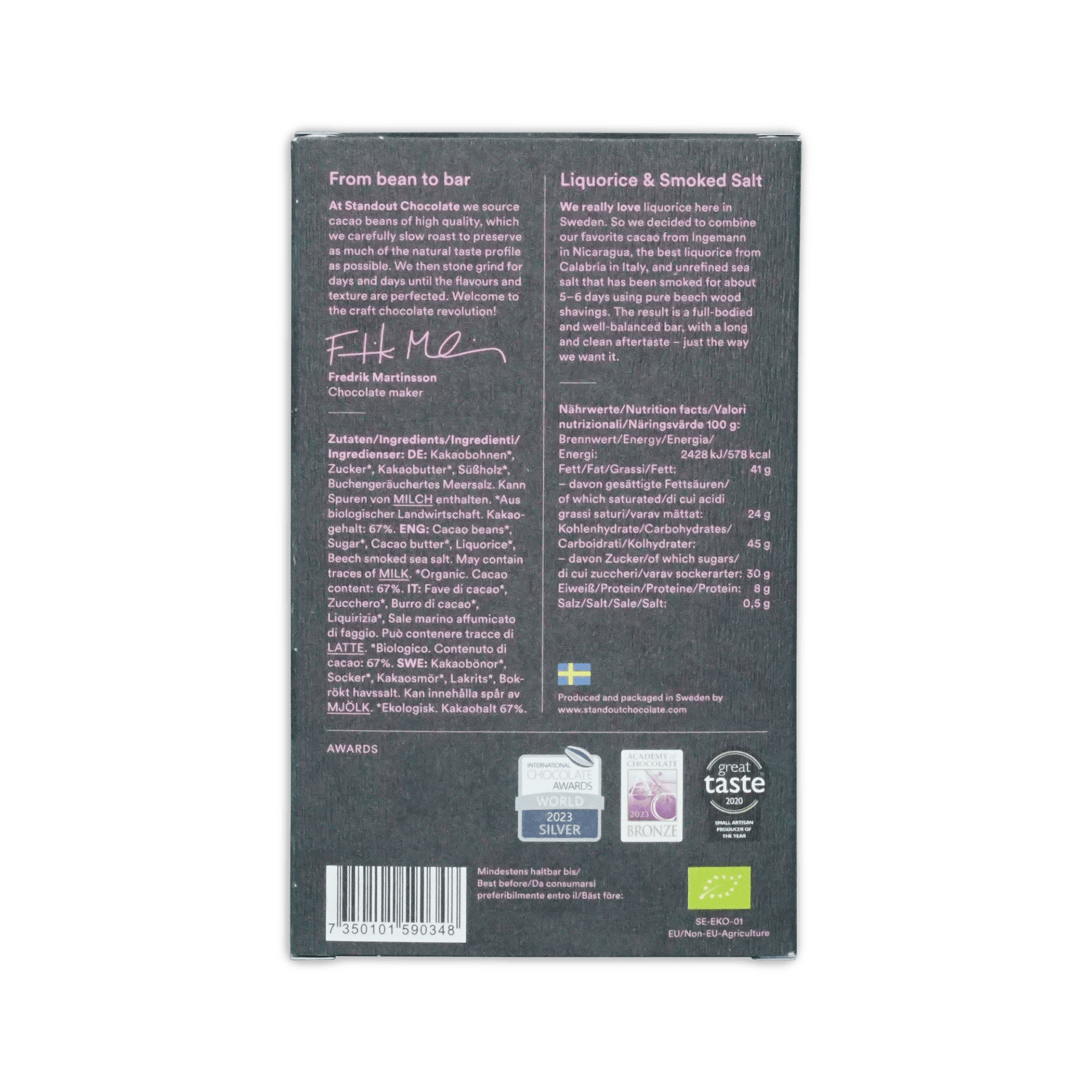 Dark gray standout chocolate bar packaging with white text and swedish flag featuring liquorice and smoked salt flavor