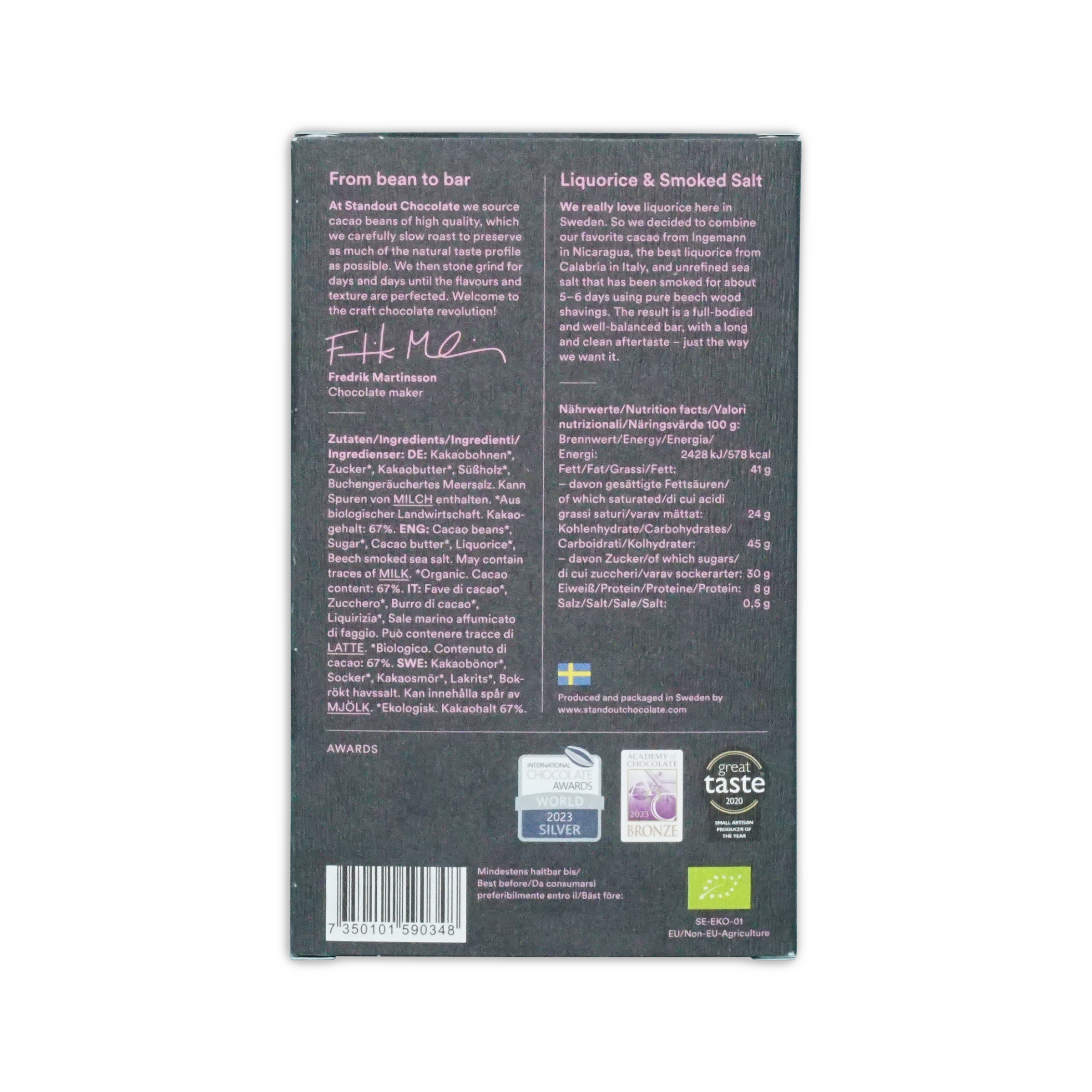 Dark gray standout chocolate bar packaging with white text and swedish flag featuring liquorice and smoked salt flavor