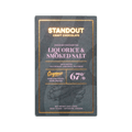 A sleek dark green rectangular bar of standout craft chocolate with gold foil lettering and subtle illustration
