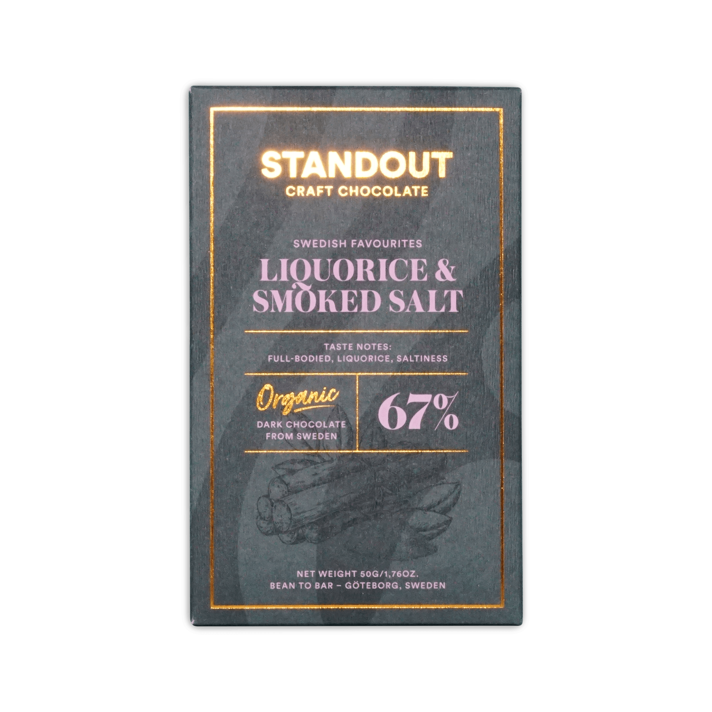A sleek dark green rectangular bar of standout craft chocolate with gold foil lettering and subtle illustration