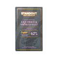 A sleek dark green rectangular bar of standout craft chocolate with gold foil lettering and subtle illustration