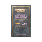 A sleek dark green rectangular bar of standout craft chocolate with gold foil lettering and subtle illustration