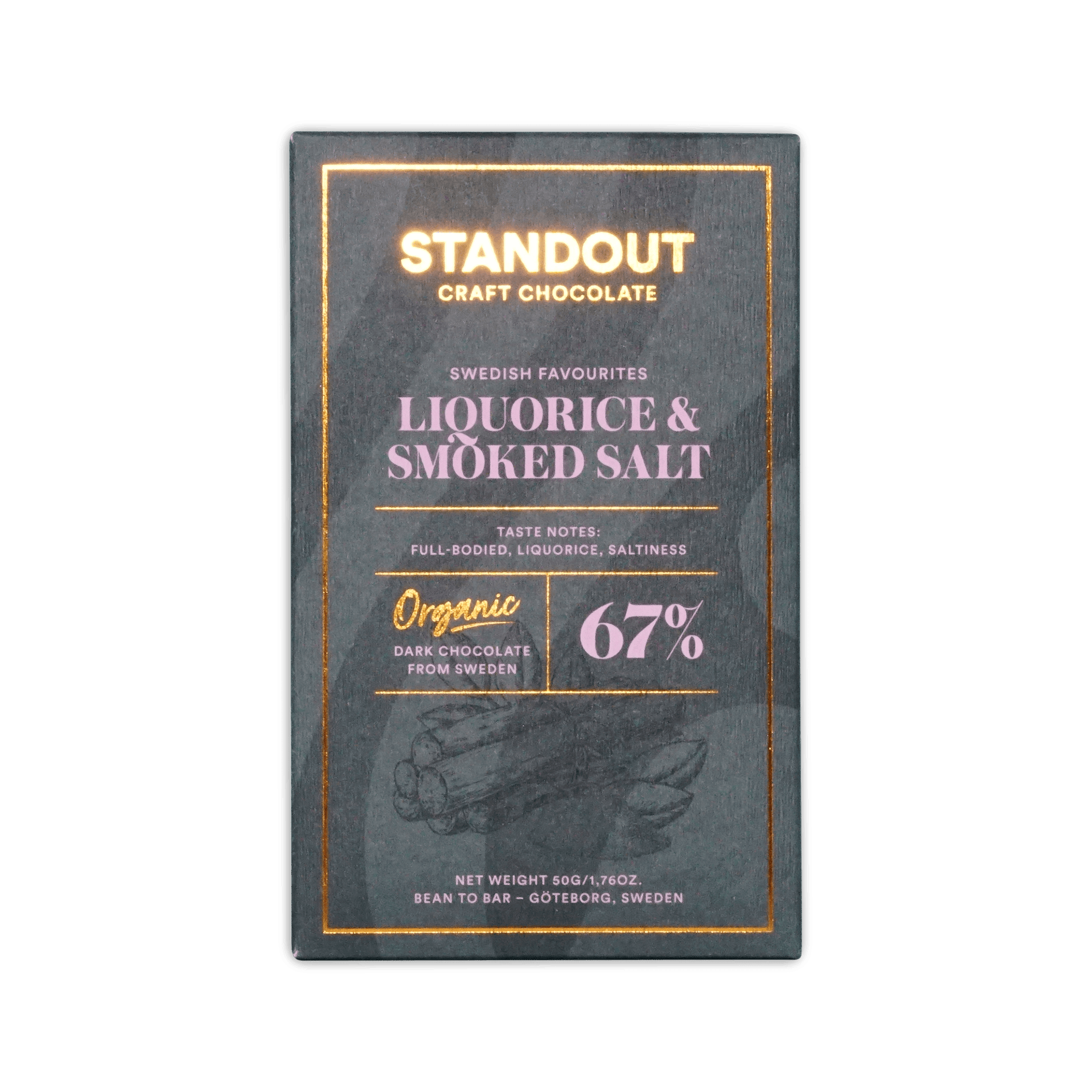 A sleek dark green rectangular bar of standout craft chocolate with gold foil lettering and subtle illustration