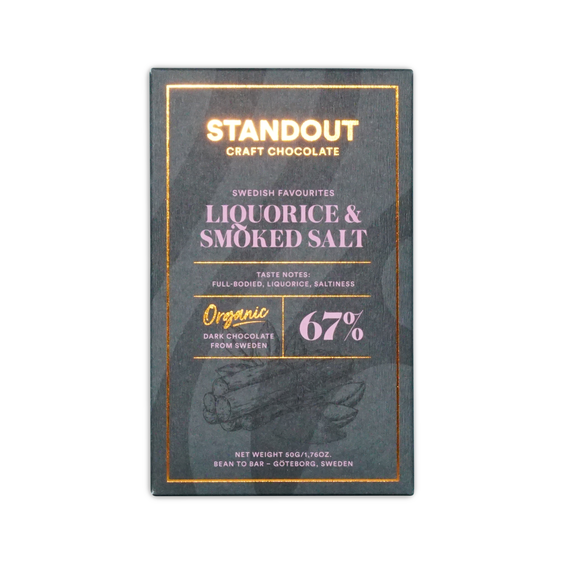 A sleek dark green rectangular bar of standout craft chocolate with gold foil lettering and subtle illustration