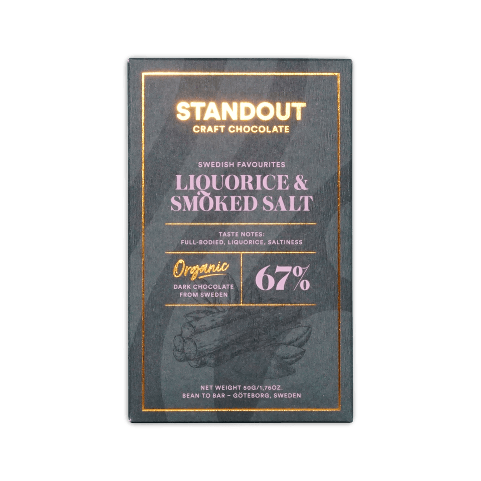 A sleek dark green rectangular bar of standout craft chocolate with gold foil lettering and subtle illustration