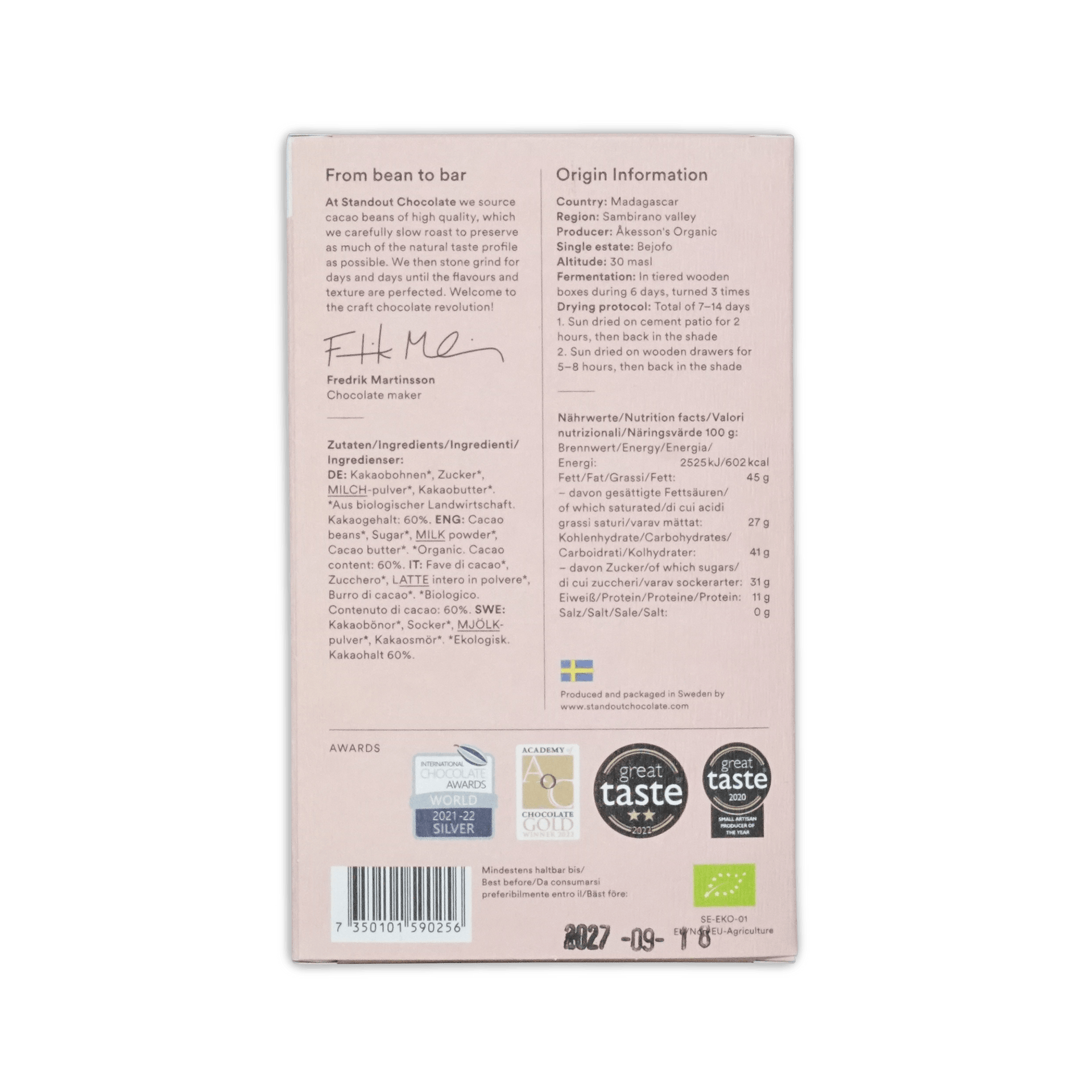 Back of Standout Sambirano Madagascar box, bean to bar and origin information text, nutrition panel and award seals