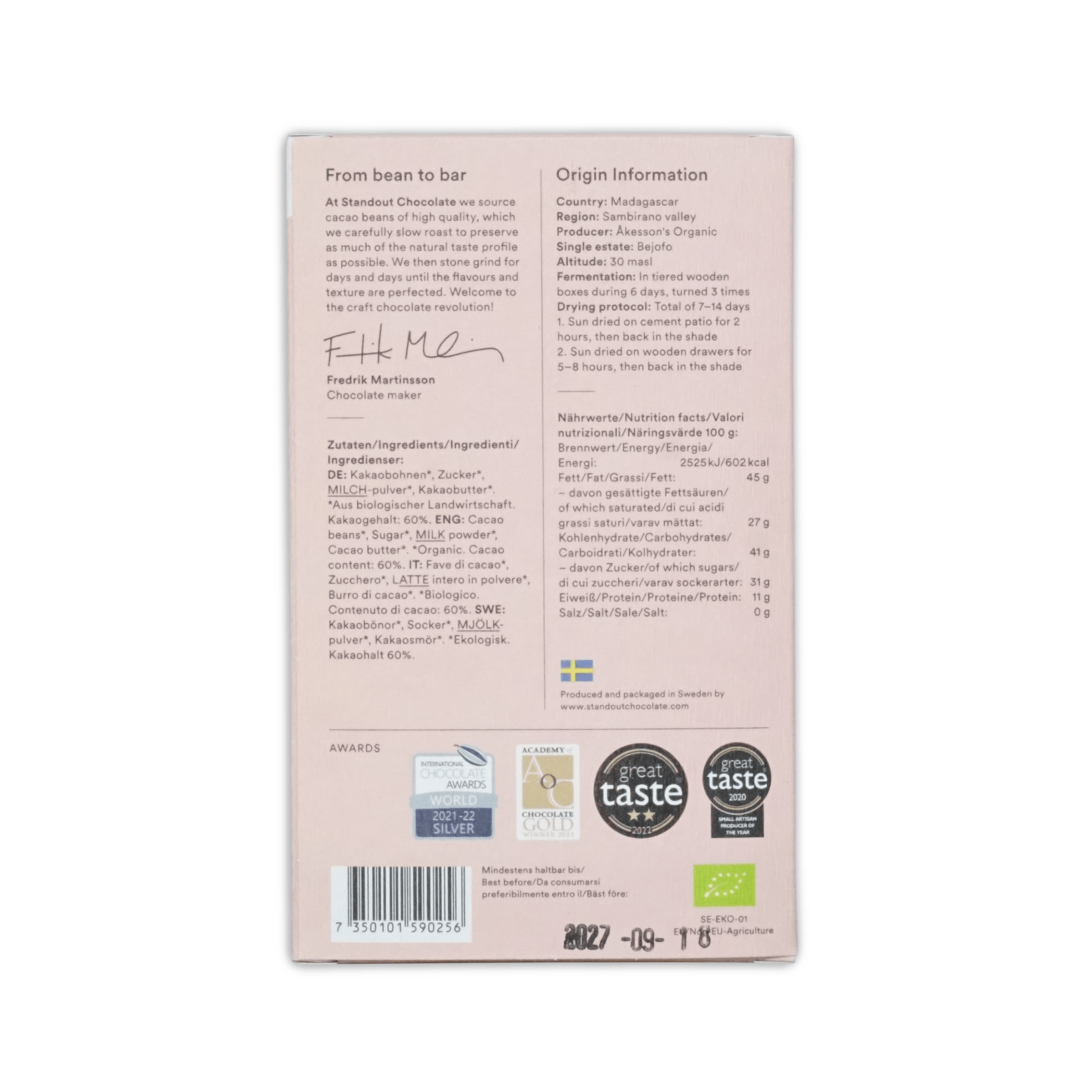 Back of Standout Sambirano Madagascar box, bean to bar and origin information text, nutrition panel and award seals