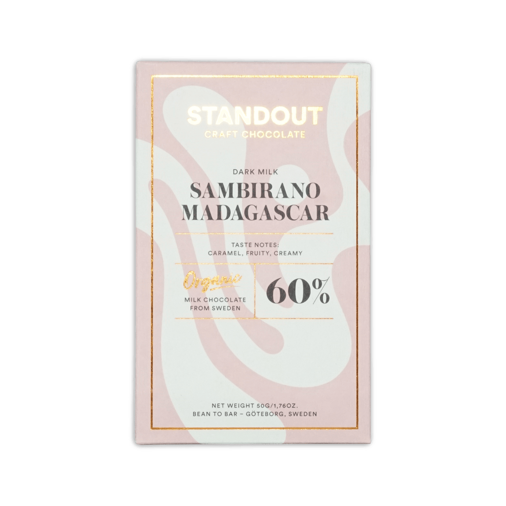Standout Craft Chocolate dark milk box, Sambirano Madagascar 60%, pink and cream wavy design with gold foil, 50g