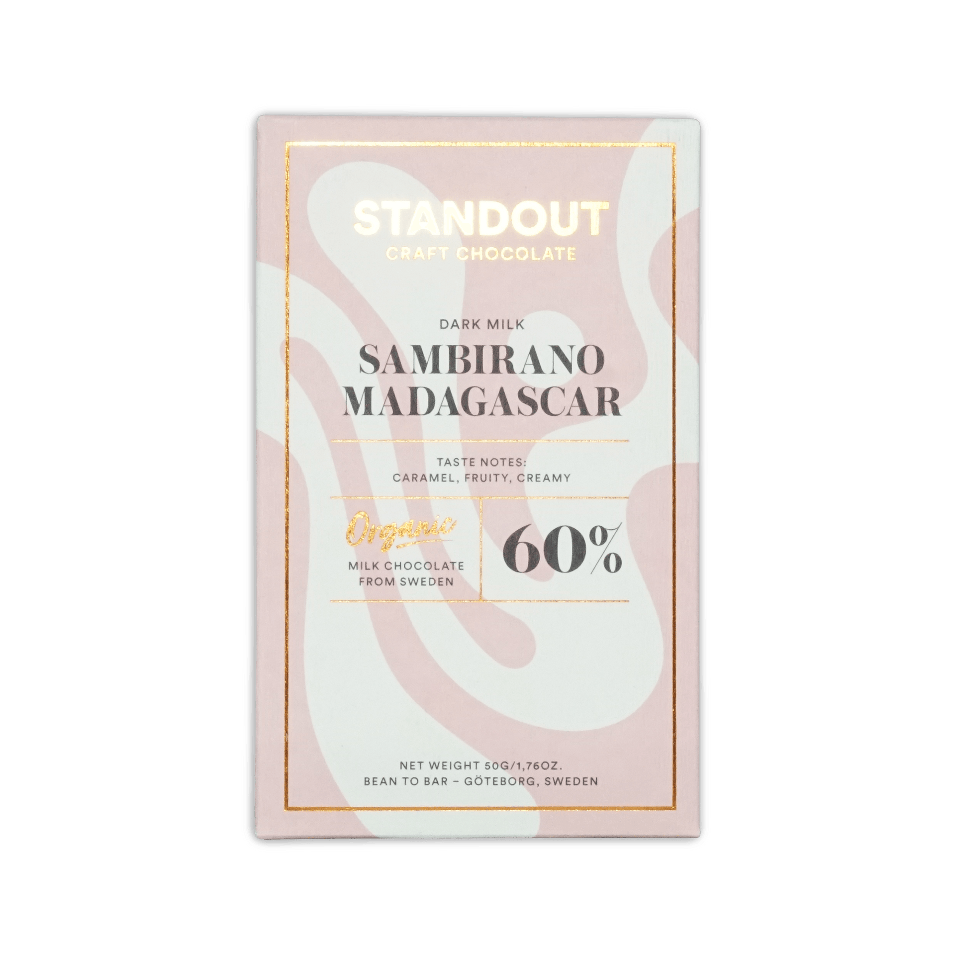 Standout Craft Chocolate dark milk box, Sambirano Madagascar 60%, pink and cream wavy design with gold foil, 50g