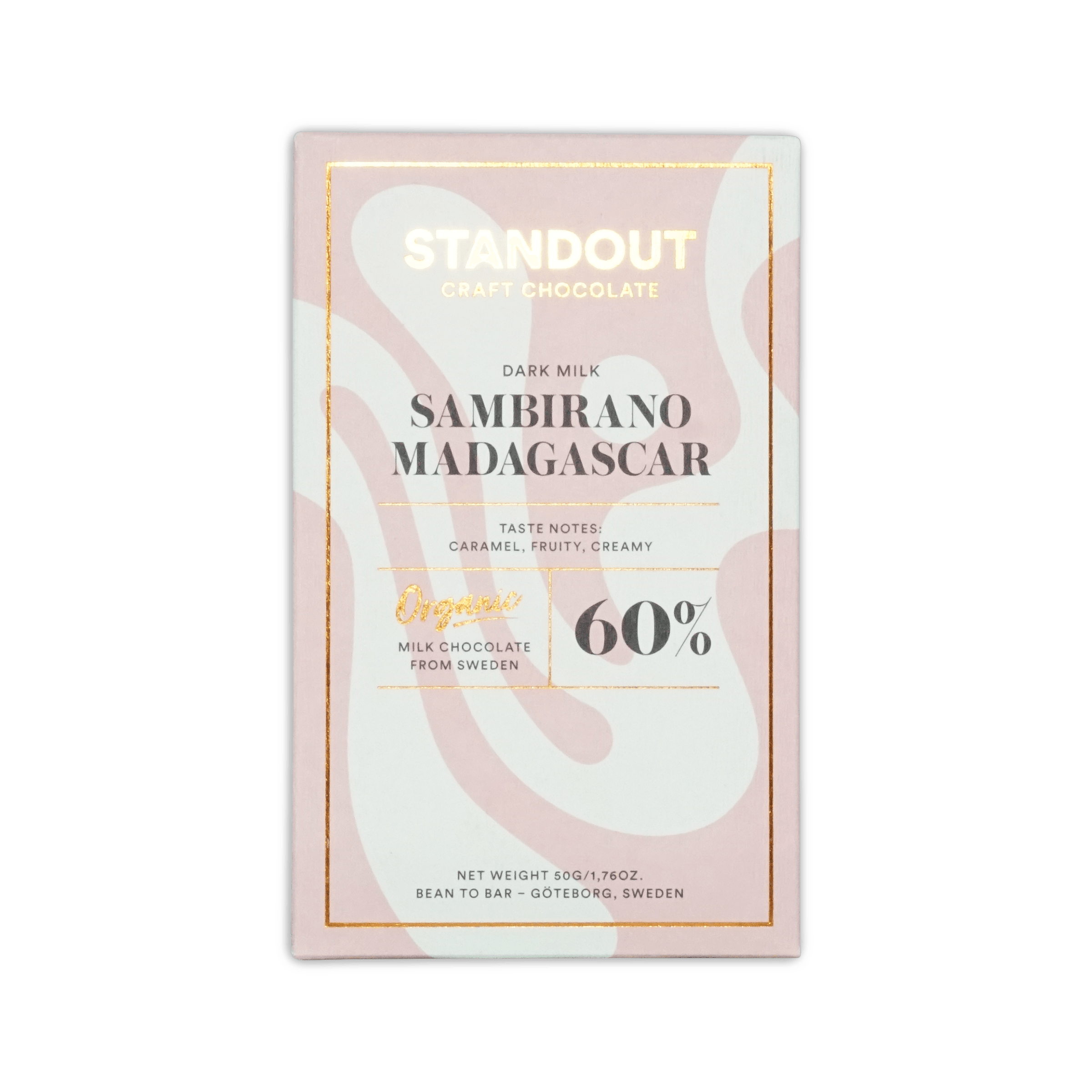 Standout Craft Chocolate dark milk box, Sambirano Madagascar 60%, pink and cream wavy design with gold foil, 50g
