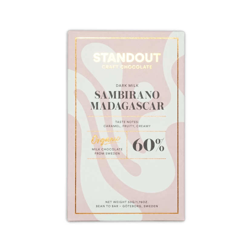 Standout Craft Chocolate dark milk box, Sambirano Madagascar 60%, pink and cream wavy design with gold foil, 50g