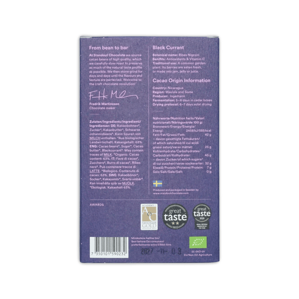 Back of Standout Black Currant box, purple with maker text, cacao origin Nicaragua, nutrition facts and barcode.
