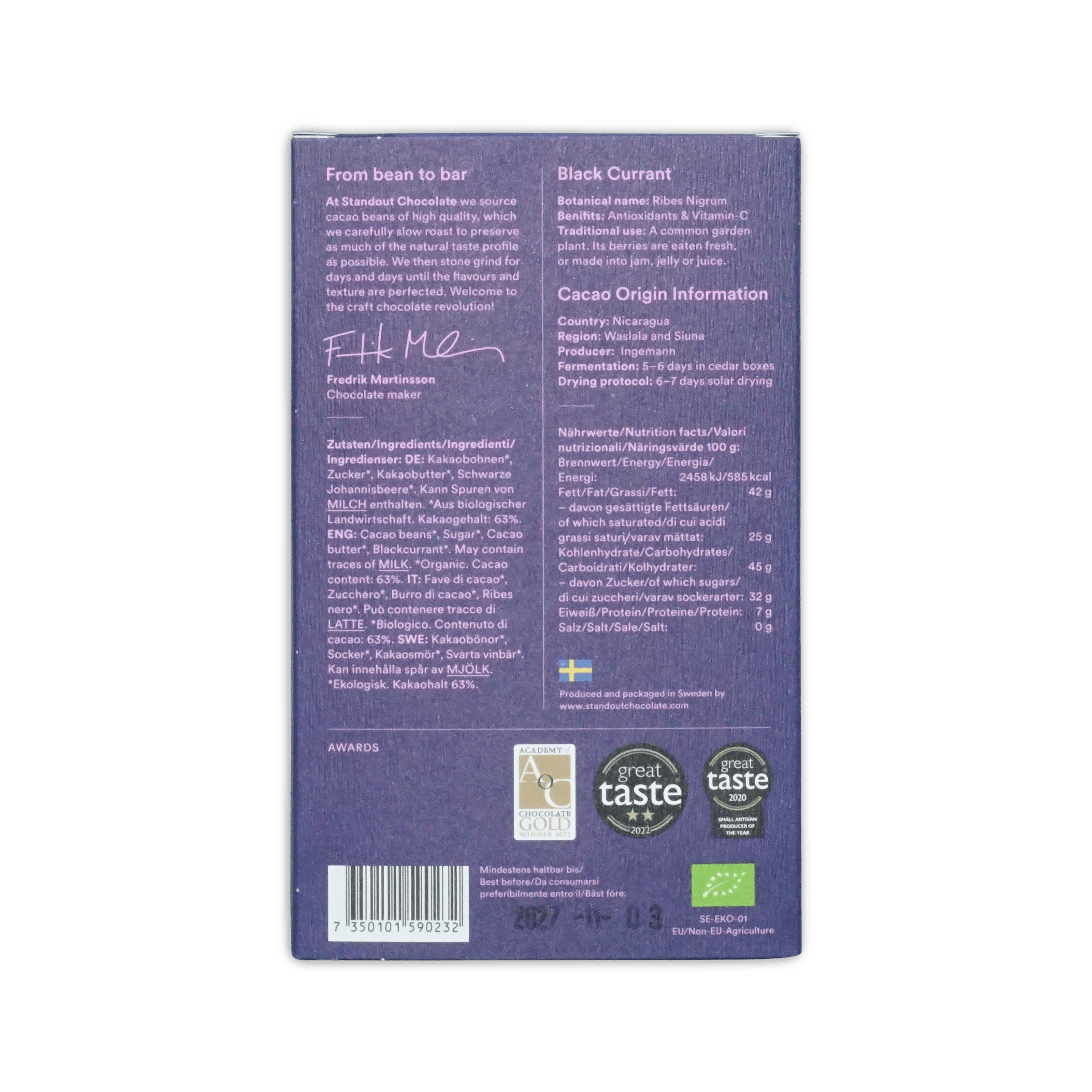 Back of Standout Black Currant box, purple with maker text, cacao origin Nicaragua, nutrition facts and barcode.