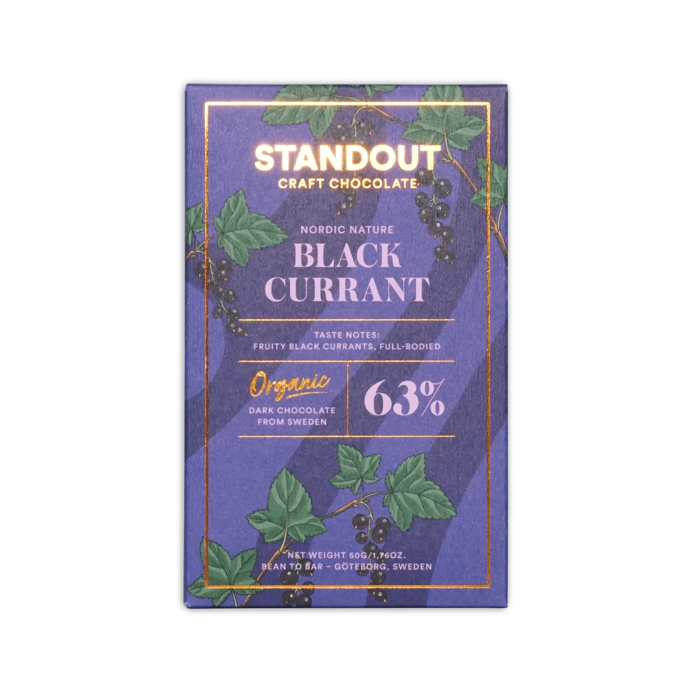 Standout Craft Chocolate bar, purple box with black currant illustration, marked Nordic Nature Black Currant 63%.