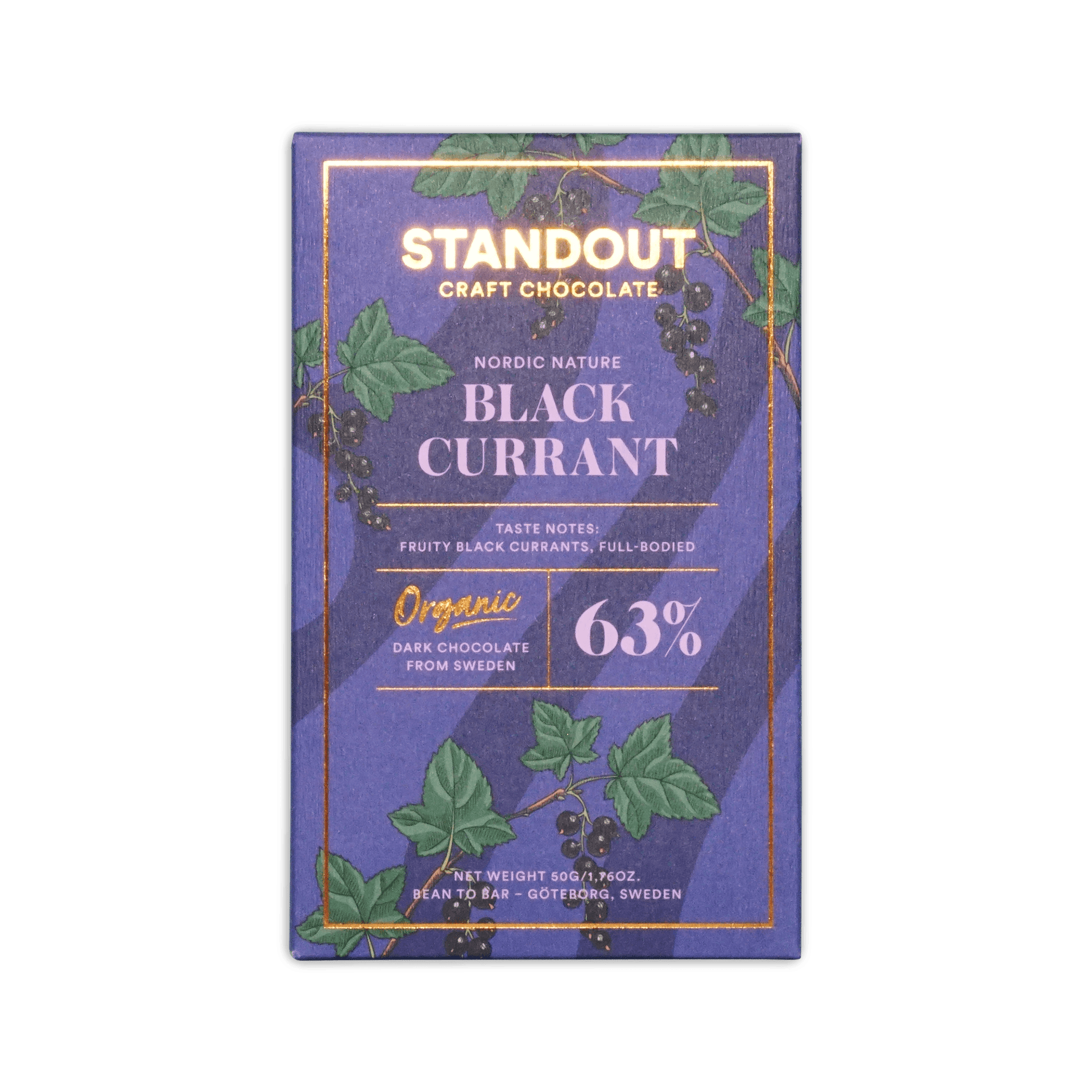 Standout Craft Chocolate bar, purple box with black currant illustration, marked Nordic Nature Black Currant 63%.